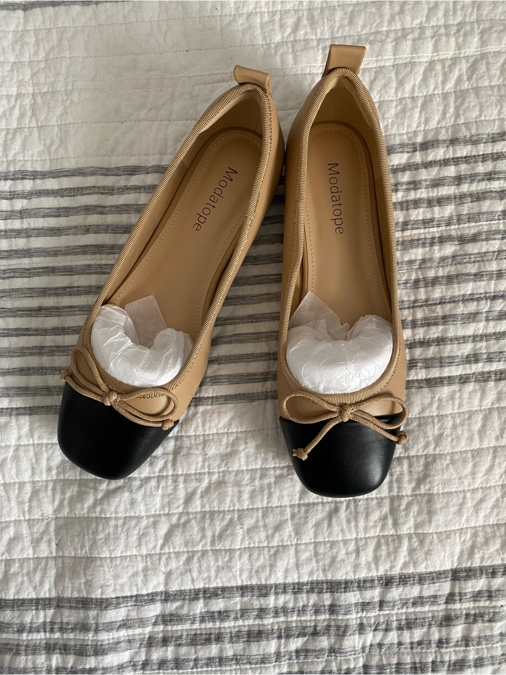 Two-Tone Beige and Black Ballet Flats
